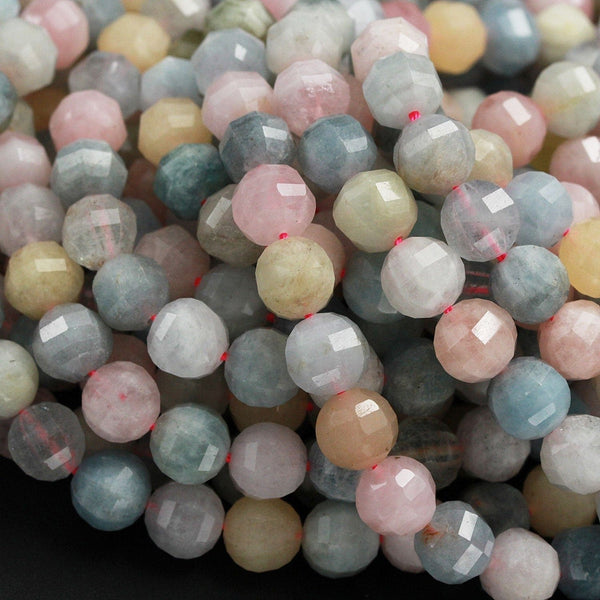 Geometric Lantern Faceted Natural Beryl Multicolor Green Blue Yellow Aquamarine Pink Morganite 10mm Round Bead Sparkling Gemstone 16" Strand