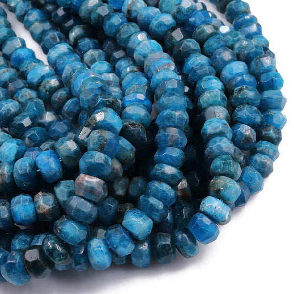 Natural Blue Apatite Faceted Rondelle 10mm Thick Faceted Wheel Center Drilled Disc Intense Teal Blue Gemstone Beads 16" Strand
