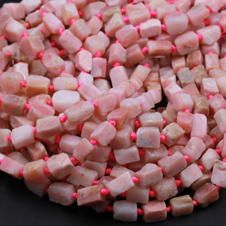 Raw Organic Rough Cut Natural Peruvian Pink Opal Tube Beads Matte Finish Faceted Nuggets Tube Gemstone Beads 16" Strand