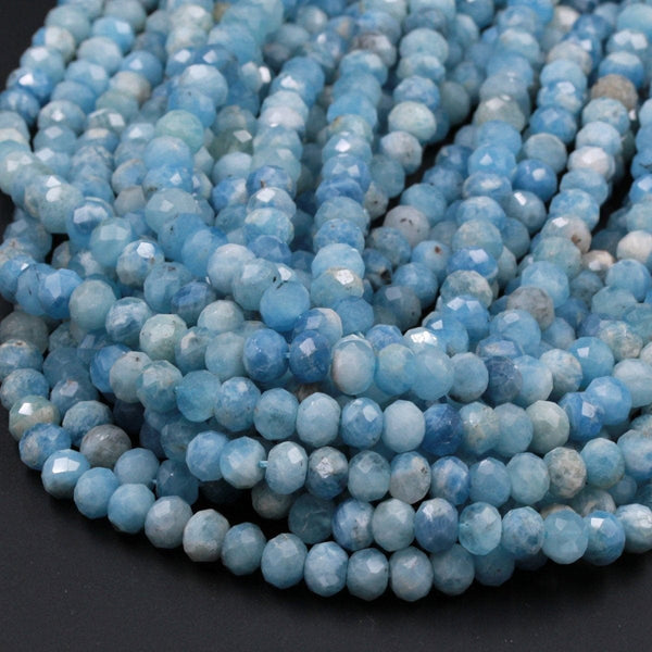 Natural Blue Aquamarine 6mm Faceted Rondelle Beads 7mm Faceted Rondelle 9mm Fat Thick Rondelle Faceted Laser Diamond Cut Gemstone 16" Strand