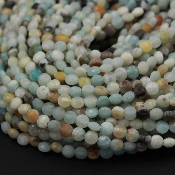 Natural Multicolor Amazonite Micro Faceted 4mm Coin Flat Disc Dazzling Facets Small Blue Green Yellow Gemstone Diamond Cut 16" Strand