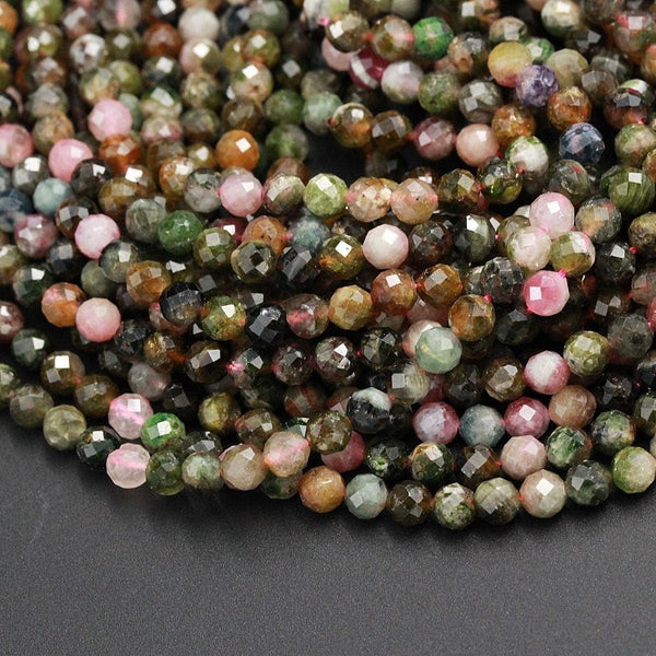 Micro Faceted Natural Multicolor Tourmaline 5mm Faceted Round Beads Green Yellow Brown Pink Tourmaline Gemstone Diamond Cut 16" Strand