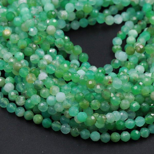 Micro Faceted Natural Australian Green Chrysoprase Faceted Round 4mm Beads Diamond Cut Gemstone Beads 16" Strand