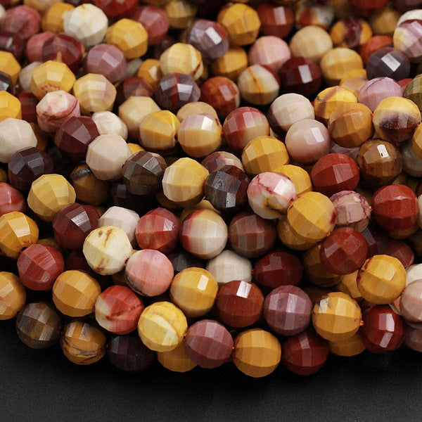 New Cut! Lantern Faceted Natural Australian Mookaite Jasper Beads 9mm Large Facets Sunset Colors Red Yellow Maroon Red Beige 16" Strand