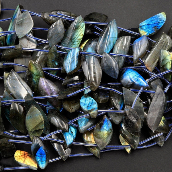 Natural Labradorite Beads Freeform Leaf Drop Shape Top Side Drilled Pendant Focal Tones of Blue Green Gold Flashes 16" Strand