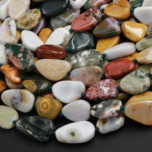 Natural Ocean Jasper Beads Smooth Pebble Freeform Nuggets Vibrant Green Yellow Red Orbs Eyes High Quality Ocean Jasper Gemstone 16" Strand