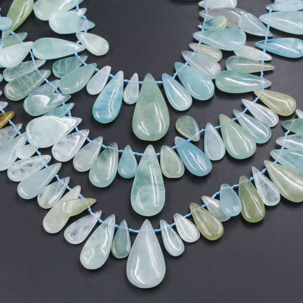 Natural Aquamarine Teardrop Focal Pendant Beads Top Side Drilled Natural Blue Green Gemstone Smooth Focal Pendant Beads Full 16" Strand