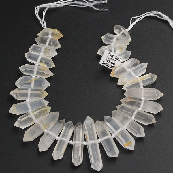 Matte Finish Natural Double Terminated Pointed Brazilian Rock Quartz Crystal Gold Copper Pendants Center Drilled Focal Beads Full 16" Strand