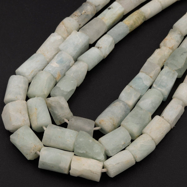 Matte Natural Aquamarine Beads Tube Cylinder Raw Rough Aquamarine Pale Pastel Blue Green Gemstone 16" Strand