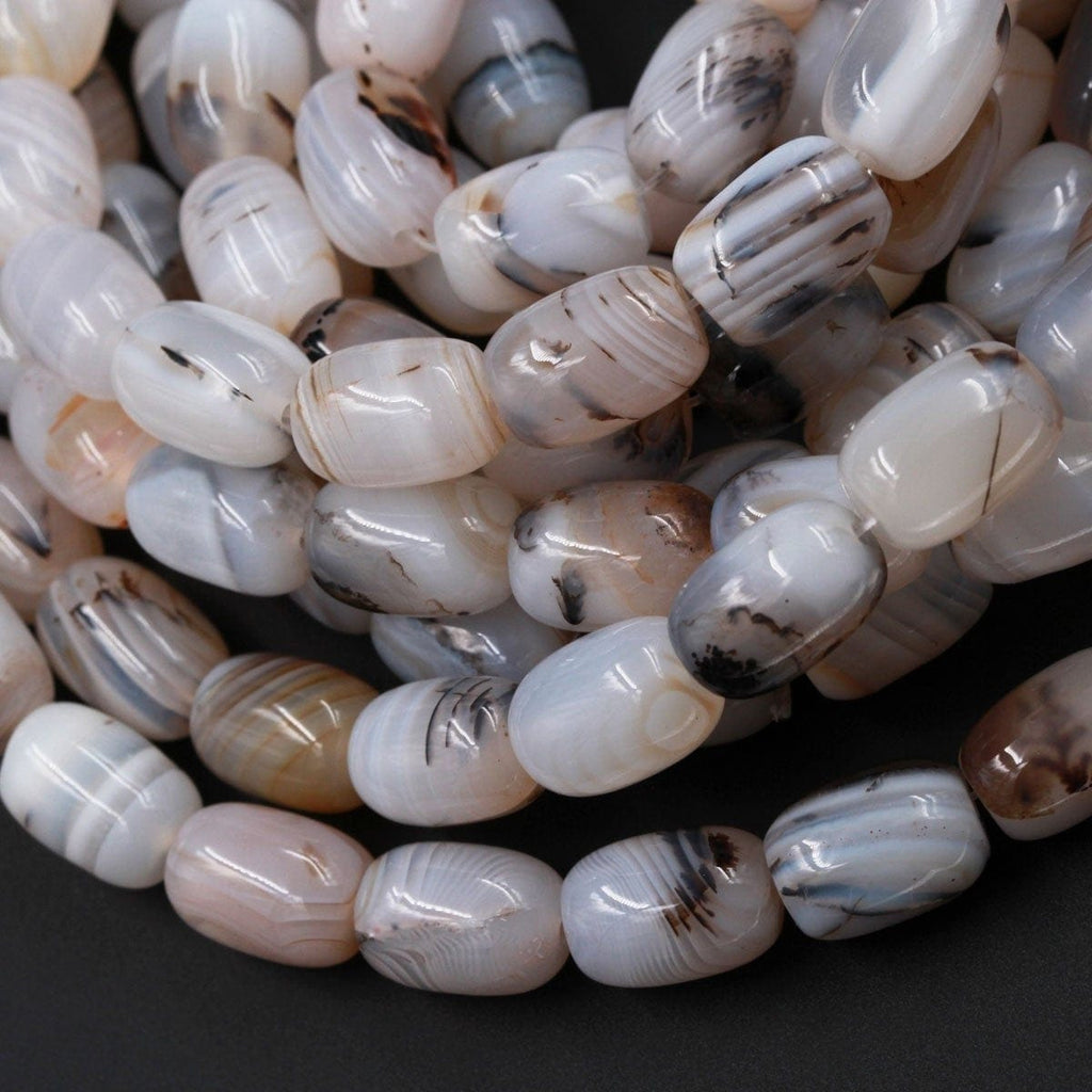 Natural Montana Agate Beads Highly Polished Smooth Barrel Drum Nuggets Amazing Veins Bands High Quality Brown Black White Bead 16" Strand