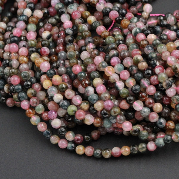 Natural Multicolor Pink Green Blue Tourmaline Round Beads 4mm Colorful Real Genuine Tourmaline Gemstone Beads 16" Strand