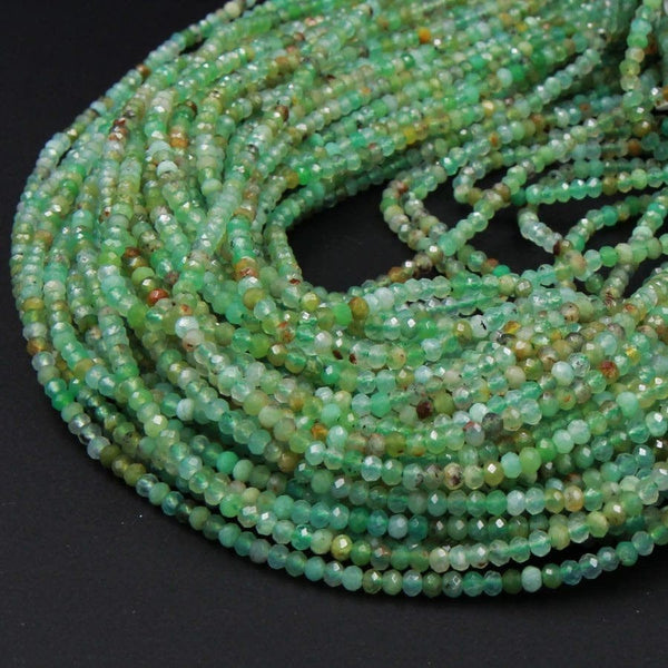 Micro Faceted Natural Australian Green Chrysoprase Faceted Rondelle 3mm 4mm Beads Diamond Cut Gemstone Beads 16" Strand