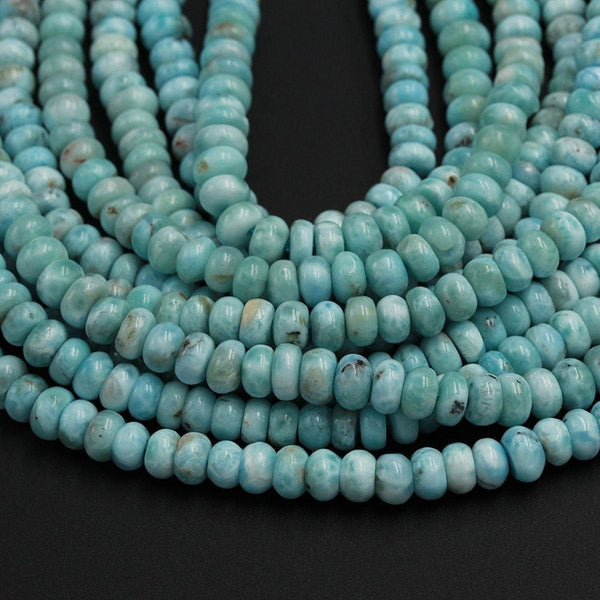 Natural Blue Larimar 7mm x 4mm Smooth Rondell Beads Real Genuine Larimar Gemstone Full 16" Strand