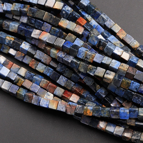 Natural Sunset Dumortierite 4mm 6mm Beads Square Dice Cube Organic Earthy Blue Rusty Orange Red Jasper 16" Strand