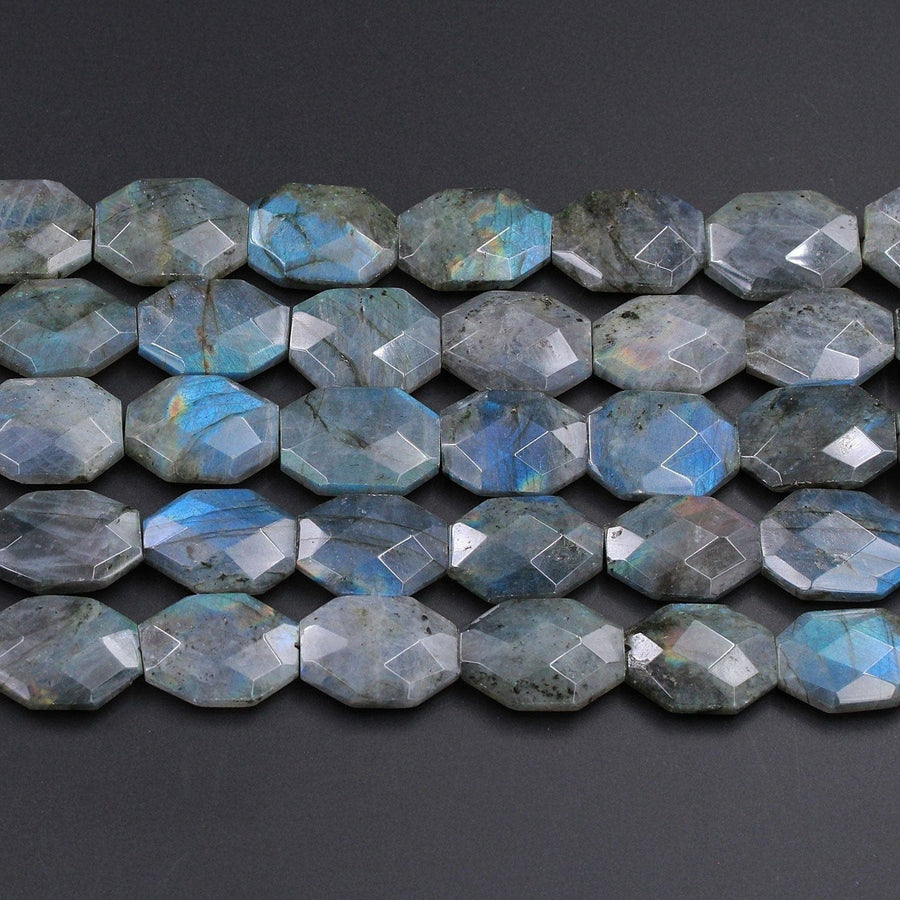 Faceted Labradorite Rectangle Octagon Cushion Beads Large Natural Labradorite Brilliant Blue Green Golden Flashes Fire Pendant 16" Strand