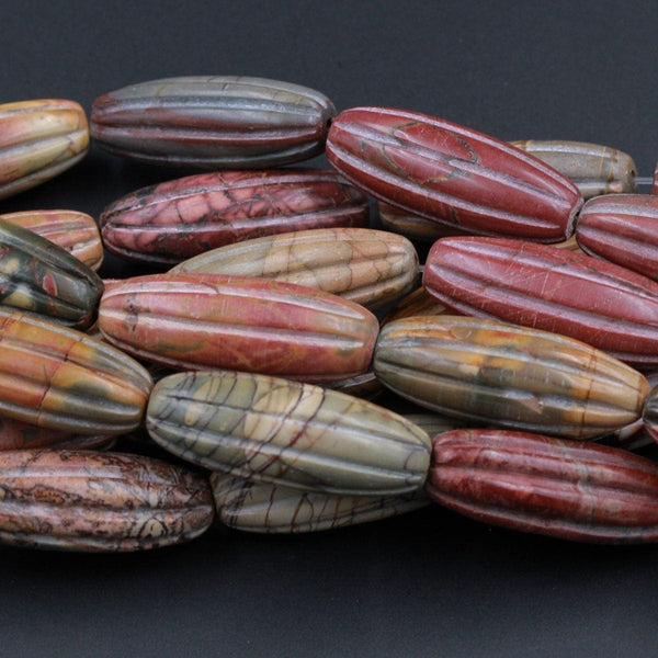 Carved Red Creek Jasper Beads Melon Long Drum Tube Earthy Red Green Yellow Brown Natural Cherry Creek Multi-color Picasso Jasper 16" Strand