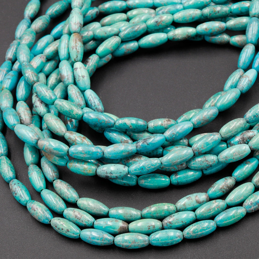 Small Natural Turquoise 10mm x 5mm Rice Beads Thin Barrel Drum Long Oval Beads Real Genuine Blue Turquoise Gemstone 16" Strand