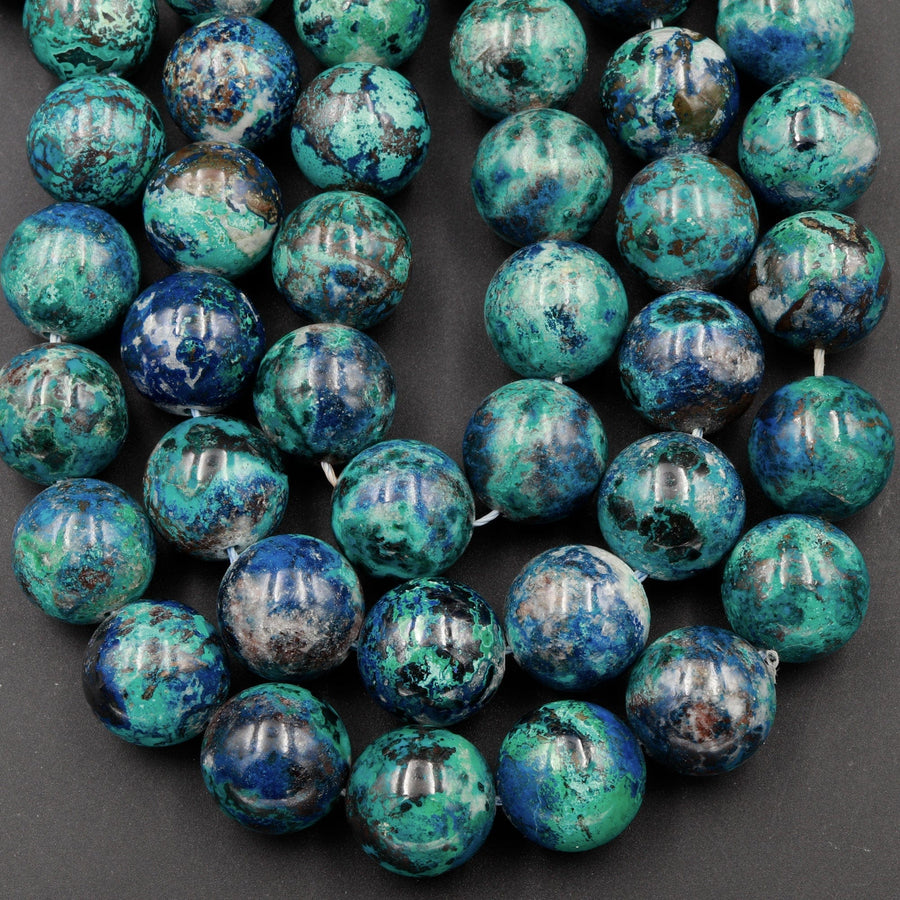 Rare Natural Shattuckite Round 16mm Beads Large Vibrant Blue Green Chrysocolla Azurite Round Gemstone 16" Strand
