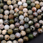 Natural Ocean Jasper Round Beads 16mm High Quality Smooth Polish Rich Autumn Color Earthy Green Creamy White Red Brown Gemstone 16" Strand