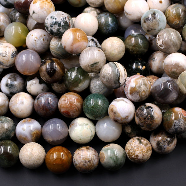 Natural Ocean Jasper Round Beads 16mm High Quality Smooth Polish Rich Autumn Color Earthy Green Creamy White Red Brown Gemstone 16" Strand