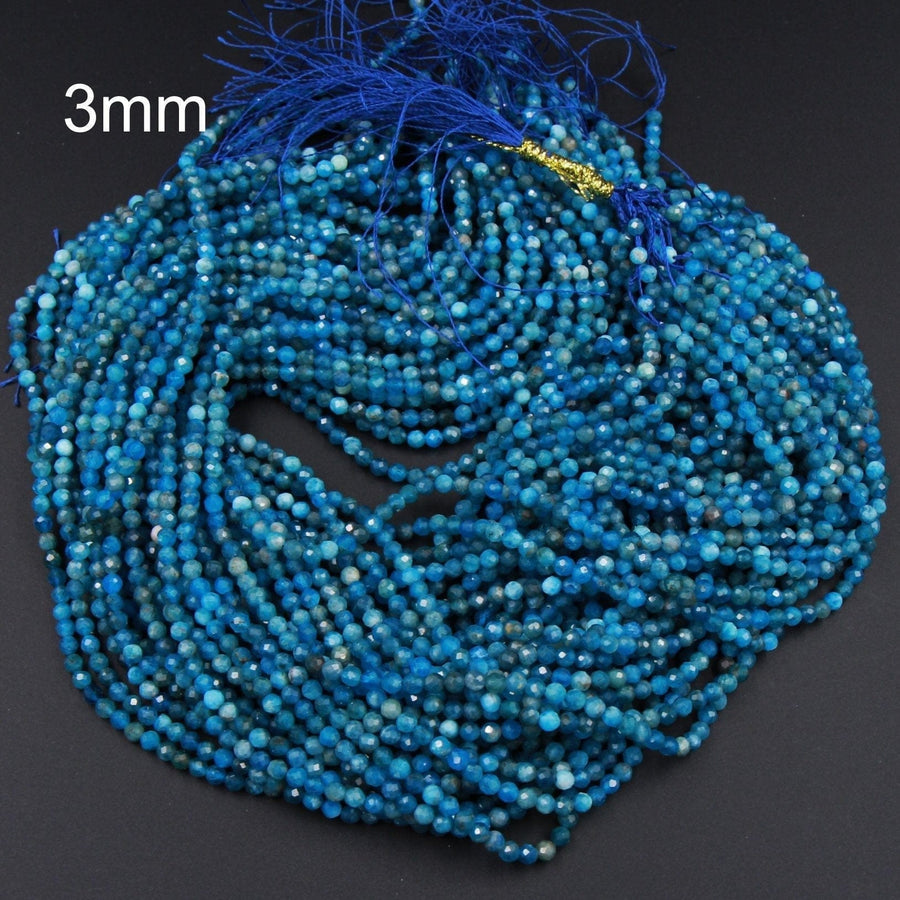 Micro Faceted Tiny Small Natural Blue Apatite Round Beads 2mm Faceted 3mm Faceted Round Beads Laser Diamond Cut Gemstone 16" Strand