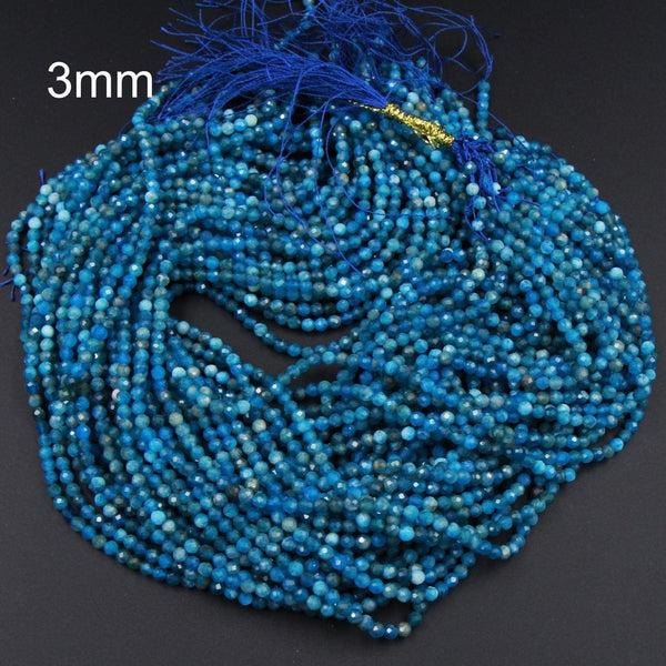 Micro Faceted Tiny Small Natural Blue Apatite Round Beads 2mm Faceted 3mm Faceted Round Beads Laser Diamond Cut Gemstone 16" Strand