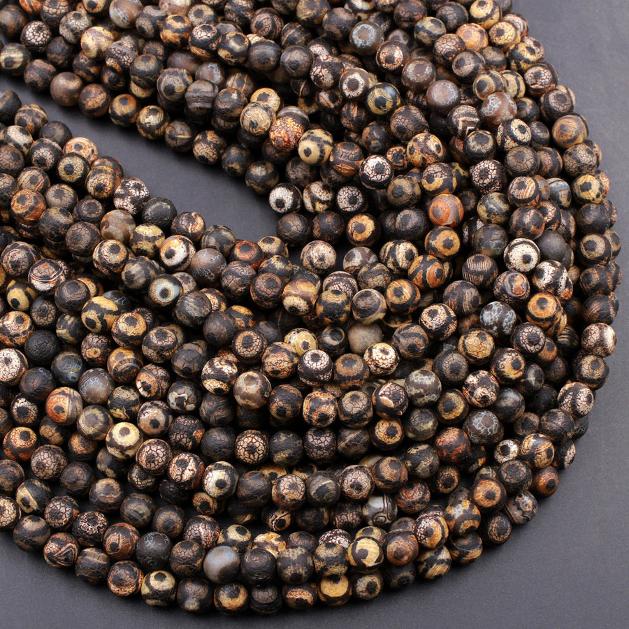 Tibetan Agate 8mm Round Beads Dzi Agate Dark Brown Black Eye Matte Mala Antique Boho Beads 16" Strand
