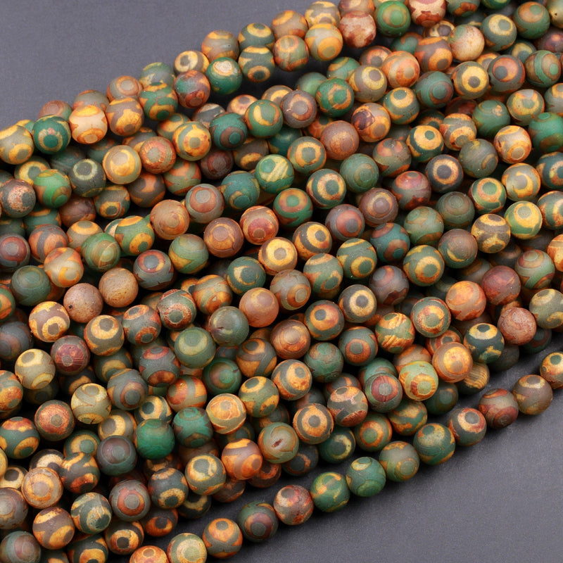 Tibetan Agate 6mm 8mm 10mm Round Beads Dzi Agate Green Brown Eye Matte Mala Antique Boho Beads 15.5" Strand