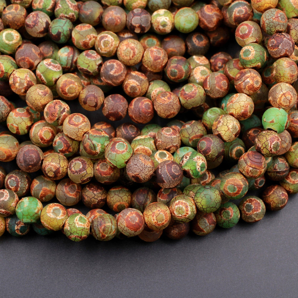 Tibetan Agate 6mm 8mm 10mm Round Beads Dzi Agate Green Brown Eye Matte Mala Antique Boho Beads 15" Strand