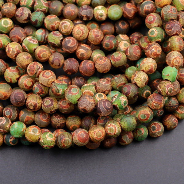 Tibetan Agate 6mm 8mm 10mm Round Beads Dzi Agate Green Brown Eye Matte Mala Antique Boho Beads 15" Strand