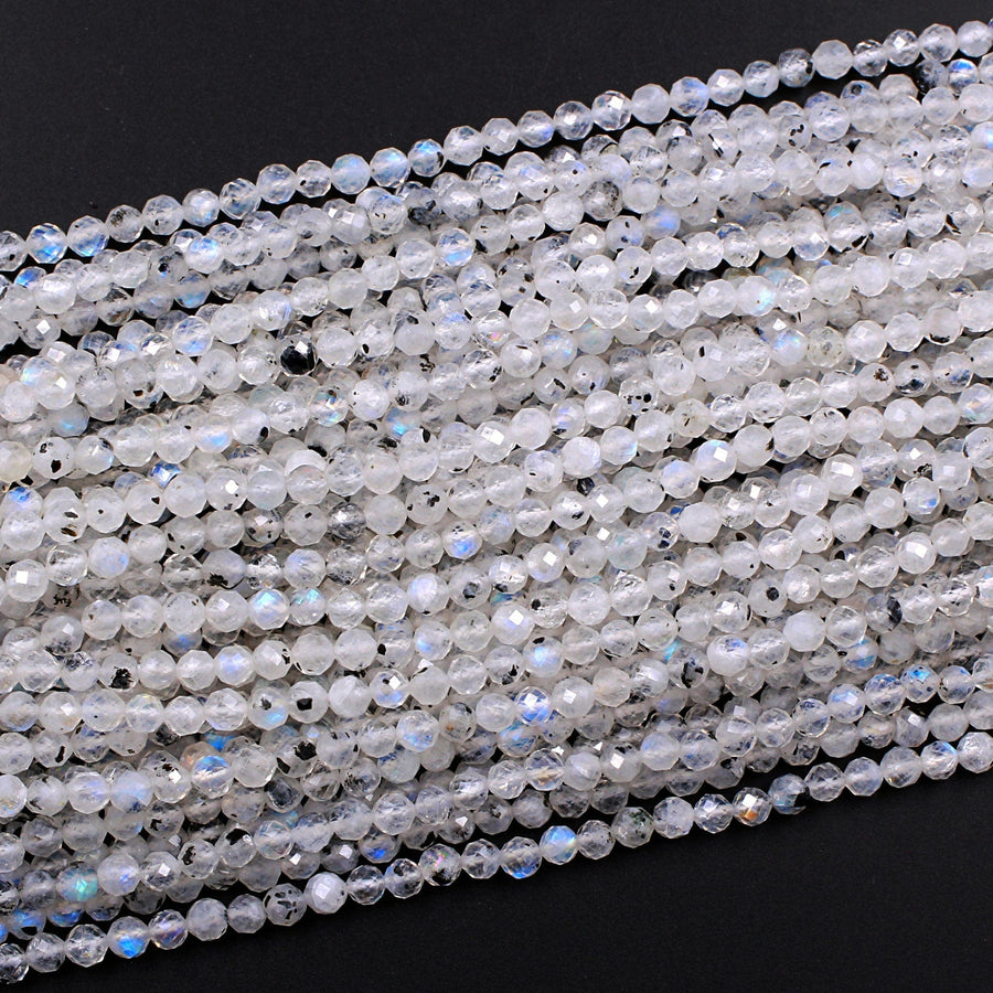 Micro Faceted Natural Blue Rainbow Moonstone Round Beads 4mm Faceted Round Beads 16" Strand