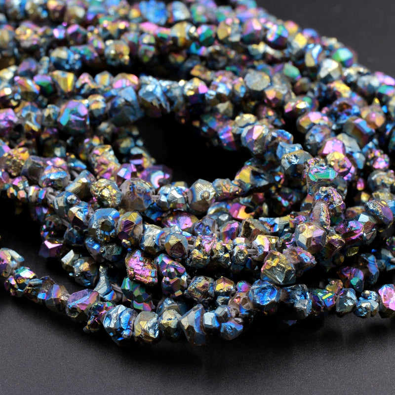 Metallic Rainbow Peacock Blue Green Rose Titanium Druzy Beads Small Sparkling Freeform Nugget 16" Strand