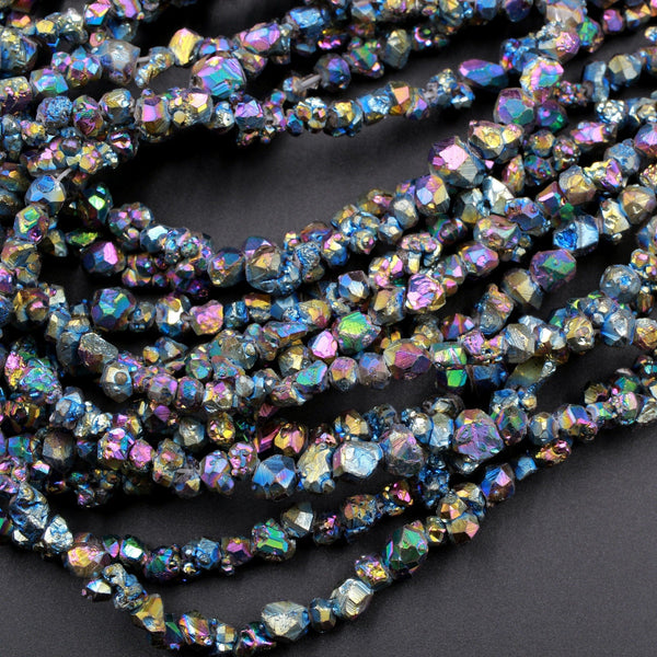 Metallic Rainbow Peacock Blue Green Rose Titanium Druzy Beads Small Sparkling Freeform Nugget 16" Strand