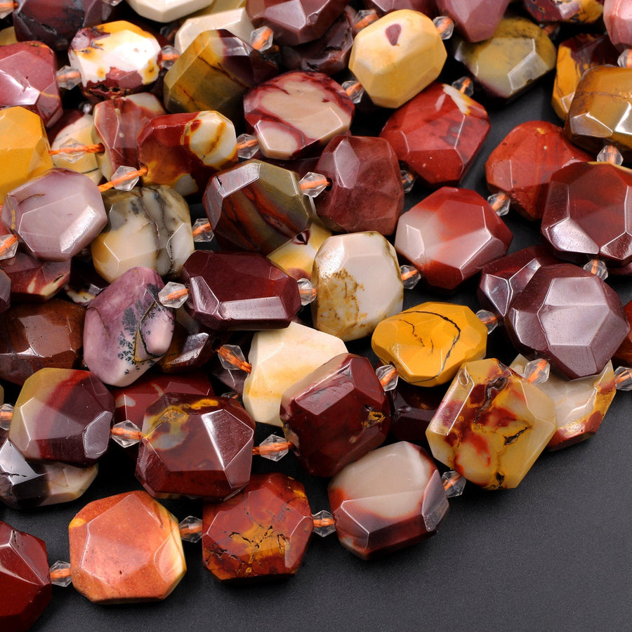 Natural Australian Mookaite Beads Faceted Square 15mm Cushion Octagon Natural Sunset Colors Red Yellow Maroon Beige 16" Strand