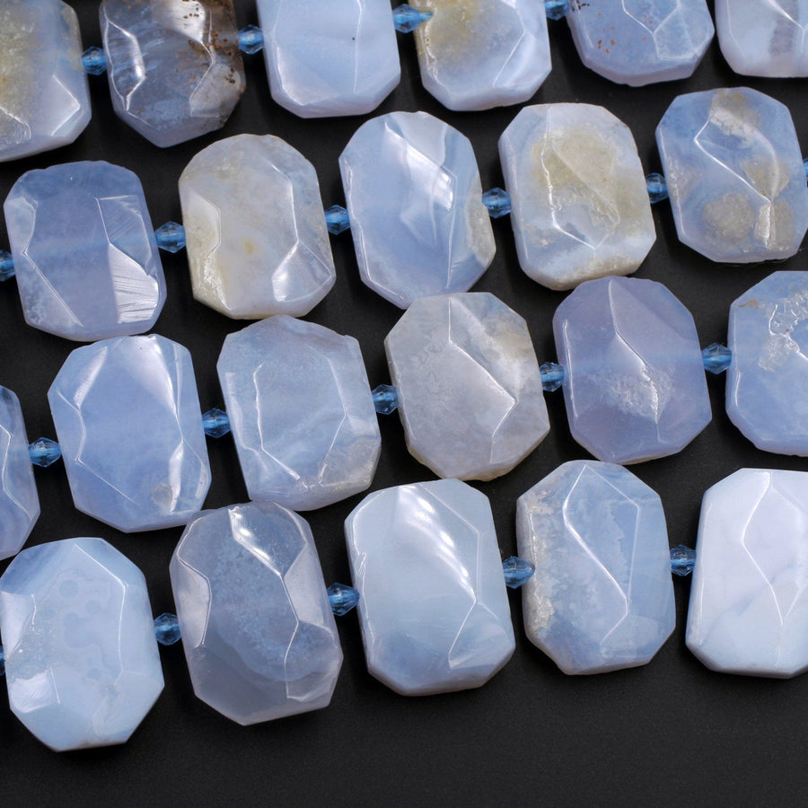 Natural Blue Lace Agate Beads Large Faceted Rectangle Blue Chalcedony Focal Bead Pendant 16" Strand