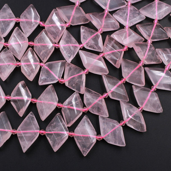 Natural Pink Rose Quartz Beads Faceted Kite Marquise Horse Eye Shape Center Drilled Flat Gemstone 16" Strand