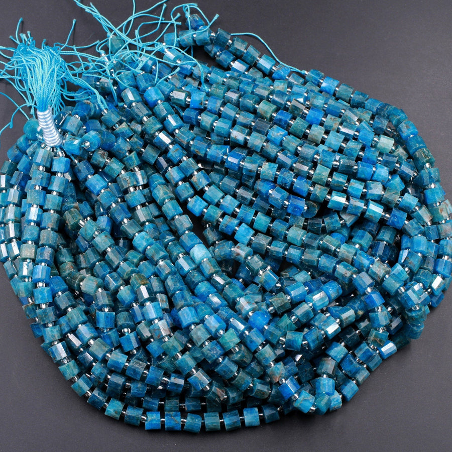 Natural Blue Apatite Faceted Tube Cylinder Rondelle Beads 6mm 7mm Beads Natural Teal Blue Gemstone Full 16" Strand