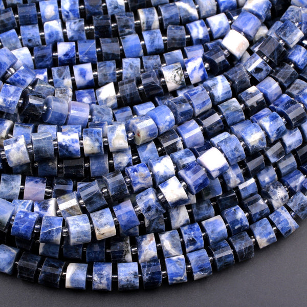 Stunning Natural Snow Mountain Blue Sodalite Nugget Faceted Wheel Rondelle Heishi Tube 9x6mm Beads 16" Strand
