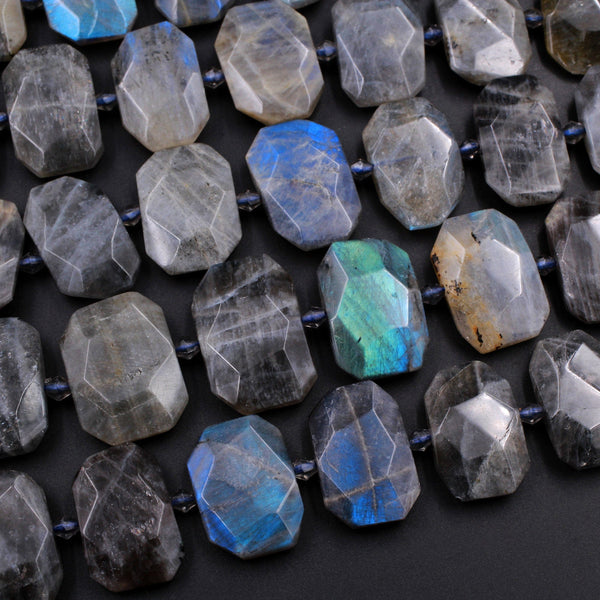 Faceted Natural Labradorite Slab Cushion Rectangle Rectangular Nugget Focal Beads 16" Strand