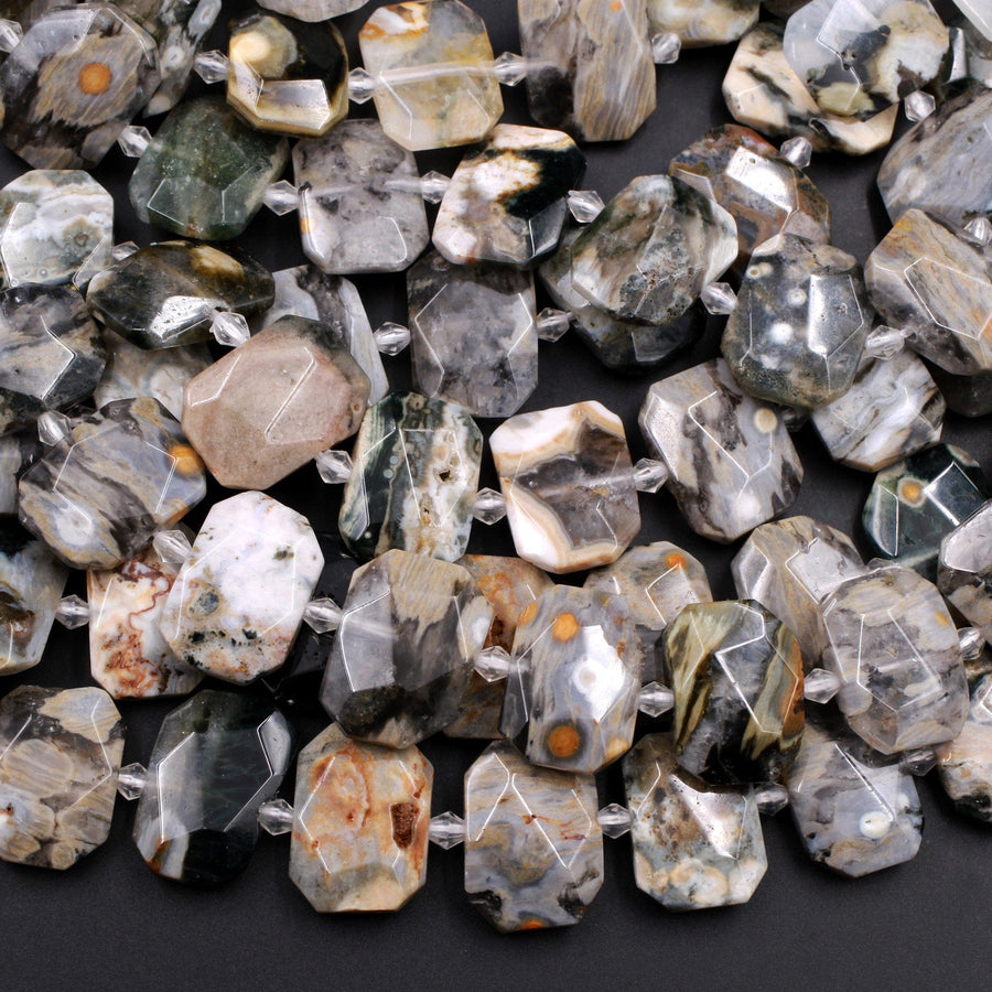 Natural Ocean Jasper Beads W Orbs Eyes Faceted Rectangle Octagon Flat Nugget Center Drilled Slab Beads 16" Strand