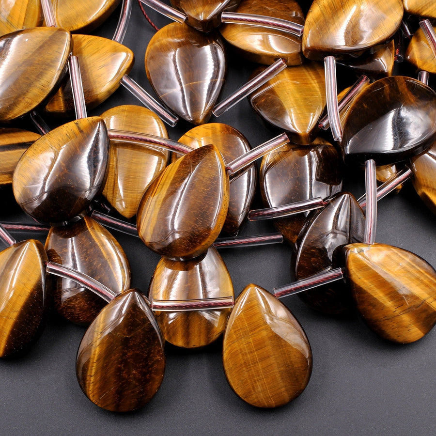 Large Natural Tiger Eye Teardrop Pendant Beads Stunning AAA Quality Top Side Drilled Golden Brown Gemstone 16" Strand