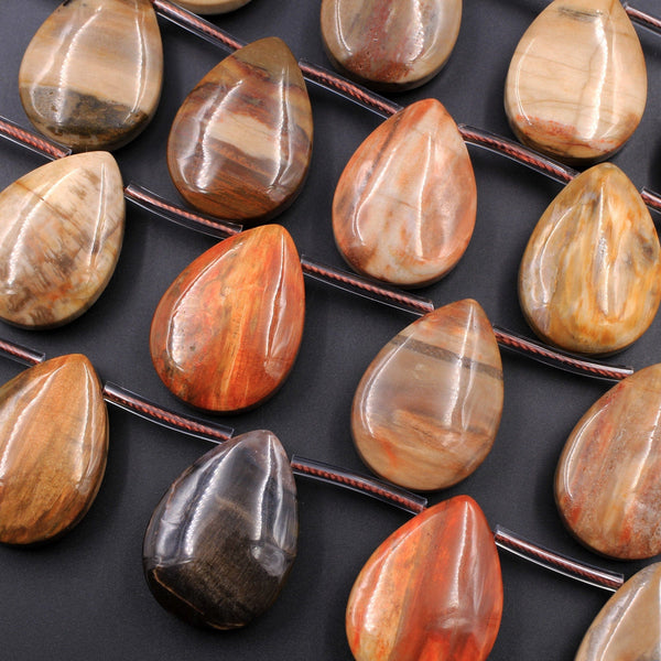 Large Natural Petrified Wood Teardrop Briolette Pendant Beads Top Side Drilled Earthy Brown Tan Gemstone 16" Strand