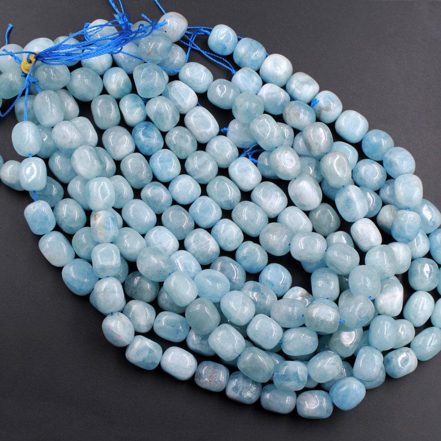 Natural Aquamarine Rounded Rectangle Nugget Beads Large Chunky Real Genuine Blue Aquamarine Polished Gemstone 16" Strand