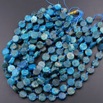 Matte Raw Rough Natural Blue Apatite Coin Beads Flat Round Disc Circle Druzy Earthy Organic Cut 16" Strand