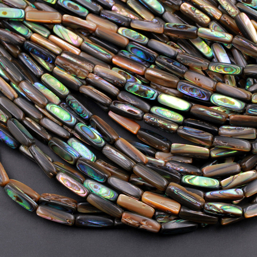 Long Thin Abalone Tube Rectangle Beads Iridescent Rainbow Glow Blue Green Irridescent A Grade Real Genuine Natural Abalone 16" Strand