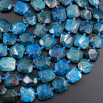 Natural Blue Apatite Faceted Square Cushion Nugget Beads Large Teal Blue Gemstone Designer Beads Unique Gem Cut 16" Strand