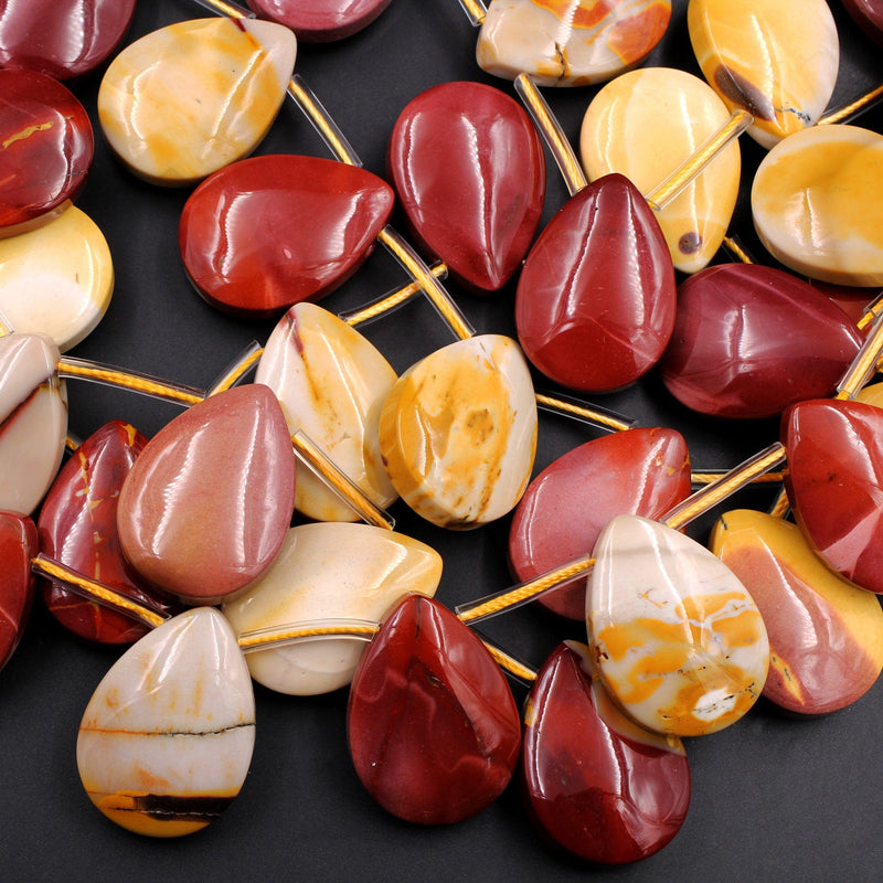 Natural Mookaite Teardrop Pendant Large Side Drilled Focal Beads Sunset Maroon Yellow Red Cream Gemstone 16" Strand