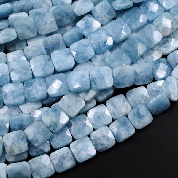 Natural Blue Aquamarine Beads Faceted Square 12mm Beads 15.5" Strand