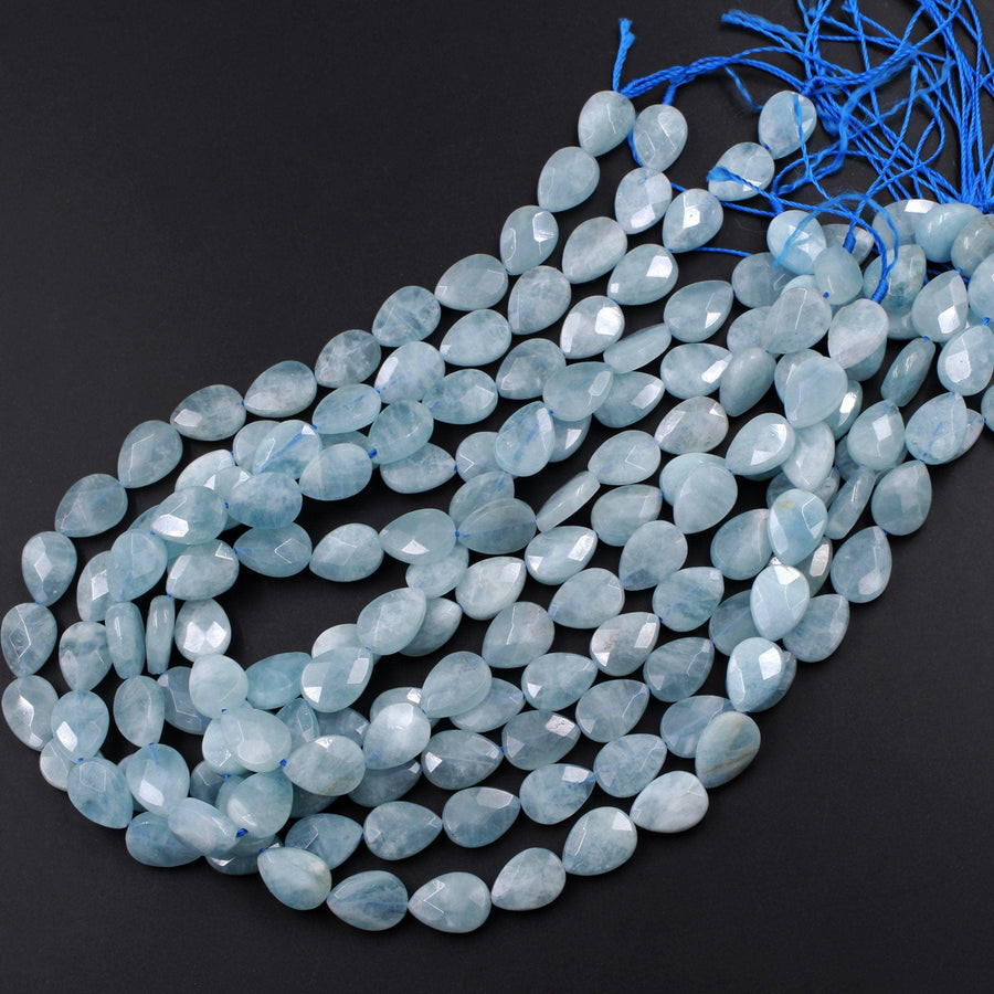 Faceted Natural Blue Aquamarine Teardrop Beads 14mm 16mm 15.5" Strand
