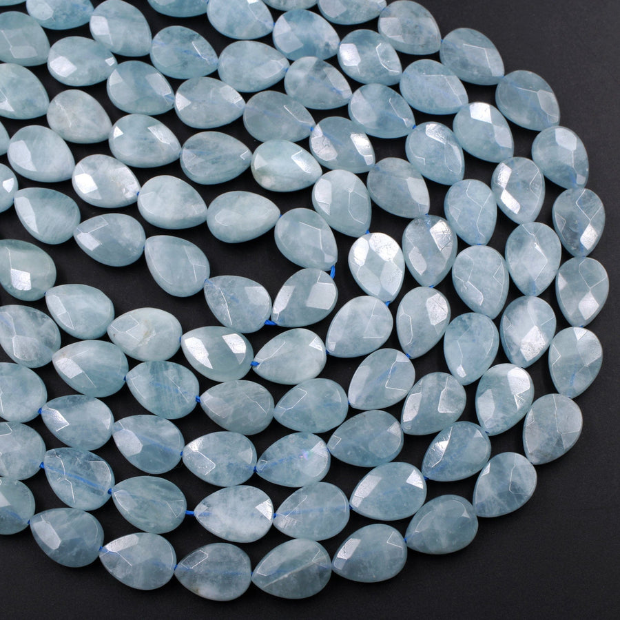 Faceted Natural Blue Aquamarine Teardrop Beads 14mm 16mm 15.5" Strand
